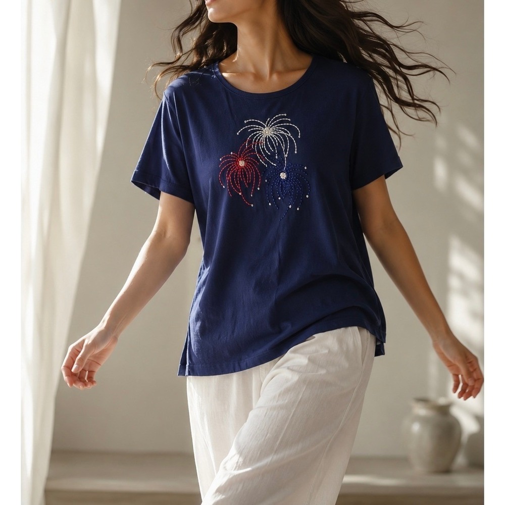 C.B. Casual Petite‎ Navy Blue Firework Embroidered Cotton T-Shirt PXXL 4th July
